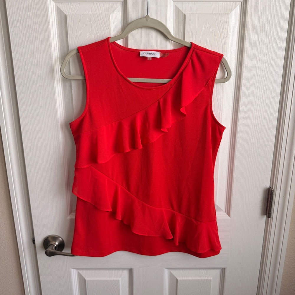 Calvin Klein Orange-Red Ruffle Front Sleeveless Blouse Round Neck Knit Top Small